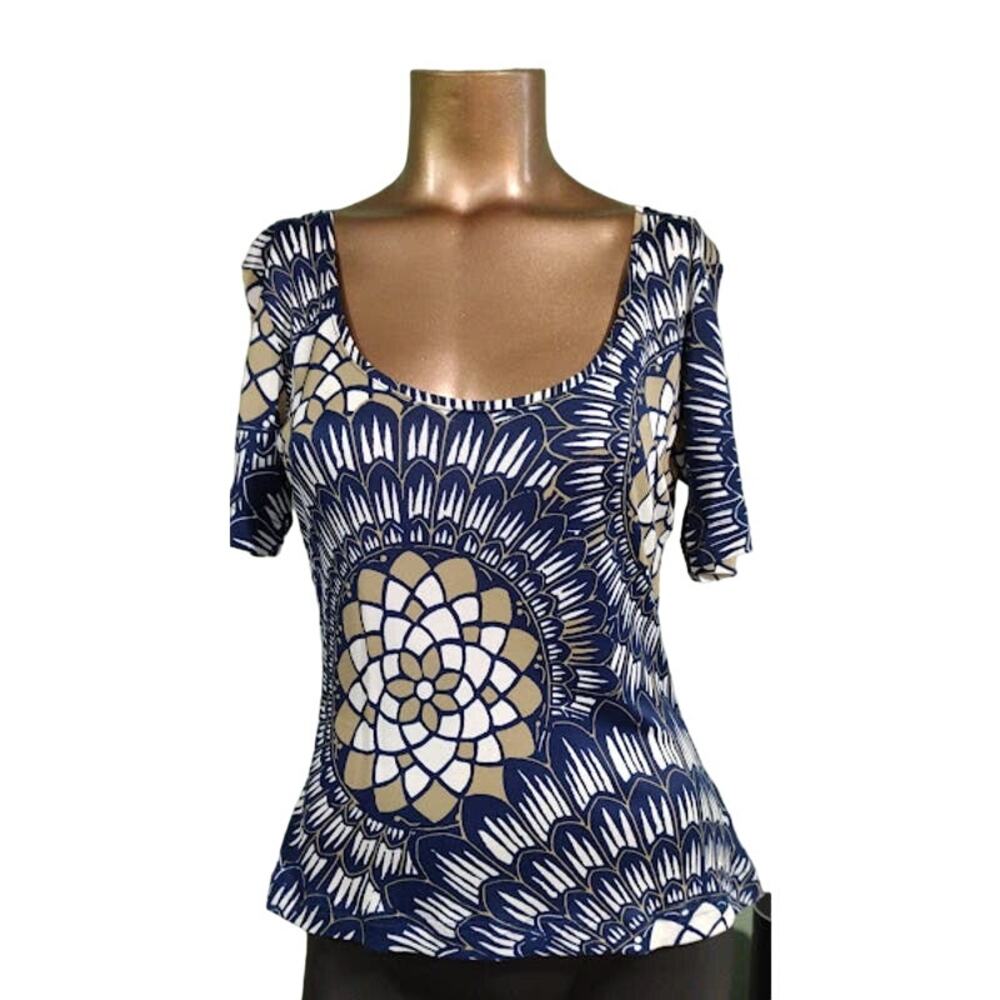 Escada Short‎ Sleeve Pullover Top, Navy, Taupe, Wht, Sz 36